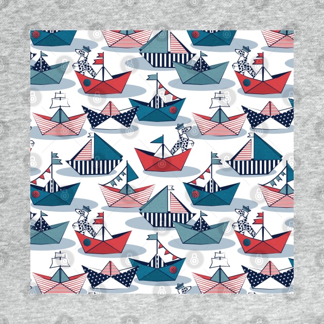 Origami dog day at the lake // pattern // white background red teal and blue origami sail boats with cute Dalmatian by SelmaCardoso